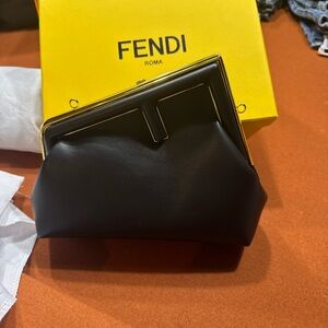 Fendi Black Leather Clutch with Gold Trim